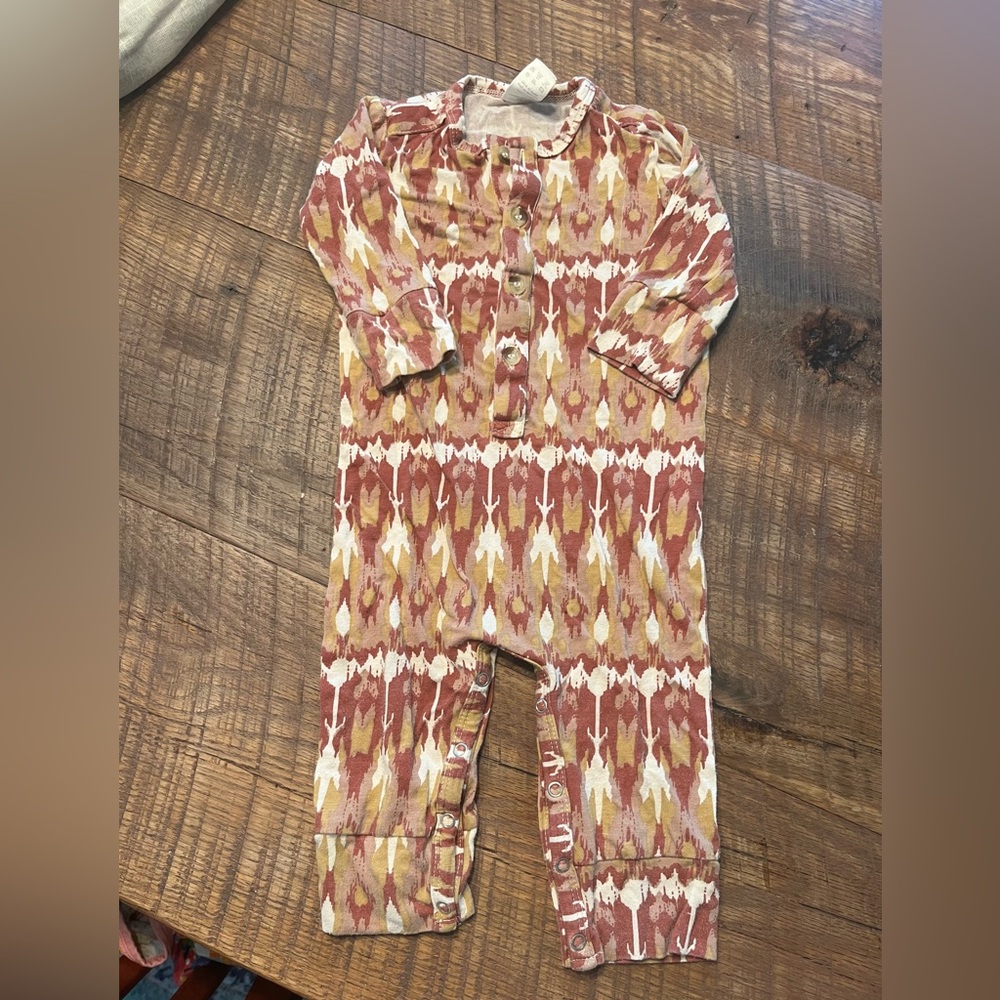 Kate Quinn Bamboo Neutral Rust and Mustard Patterned Baby Romper